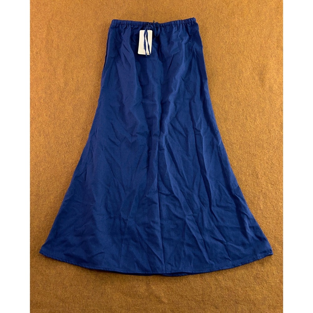 Poeselle Womens Small Blue Linen Blend Drawstring Elastic Waist Maxi Skirt New